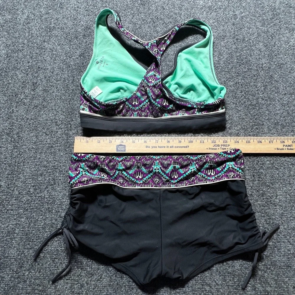 Athleta Bikini Set S Purple Teal Geometric Racerback Top Boy Short Bottoms